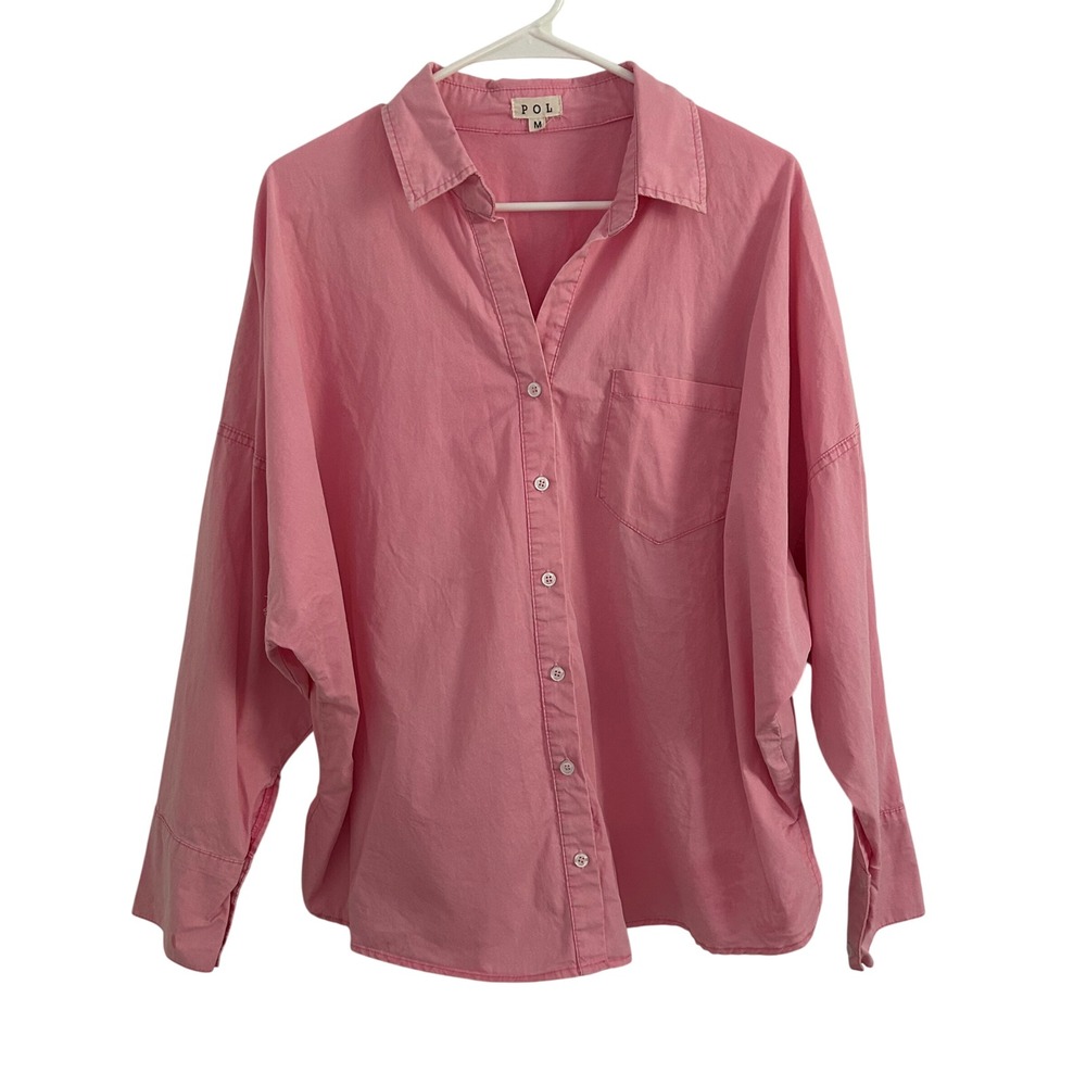 POL Womens Pink Button Down V-Neck Dolman Sleeve Cotton Shirt Medium
